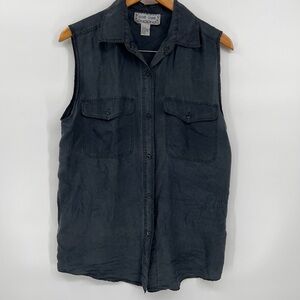 Vintage 90s Silk Sleeveless Button Down Blouse | Black | Large | Minimalist